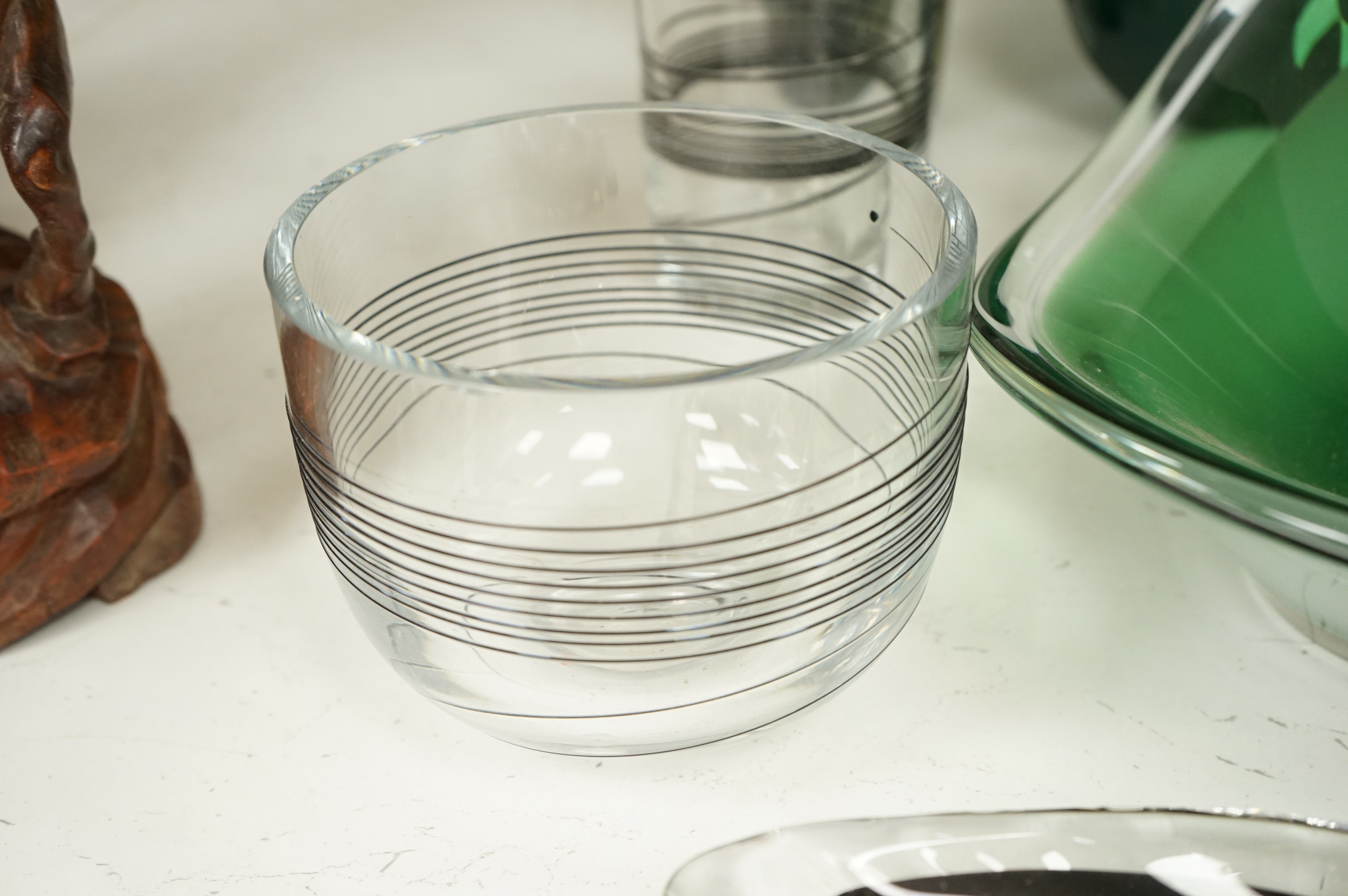 Bertil Vallien for Kosta Boda, an art glass bowl and vase, Holmegaard smoke-glass vase, Ken Benson vase and two other items, largest 31cm wide